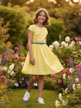 NWT B. Darlin Girls Yellow Cotton Dress with Blue Belt Retro Cottagecore 11/12